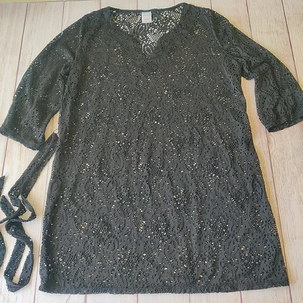 Merona belted sheer black lace swim coverup sz L